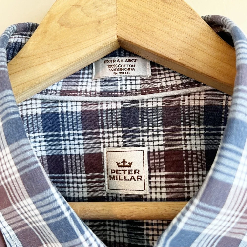 PETER MILLAR Men’s Blue Plaid Dress Shirt Size XL 100% Cotton DRY CLEANED - Picture 4 of 8
